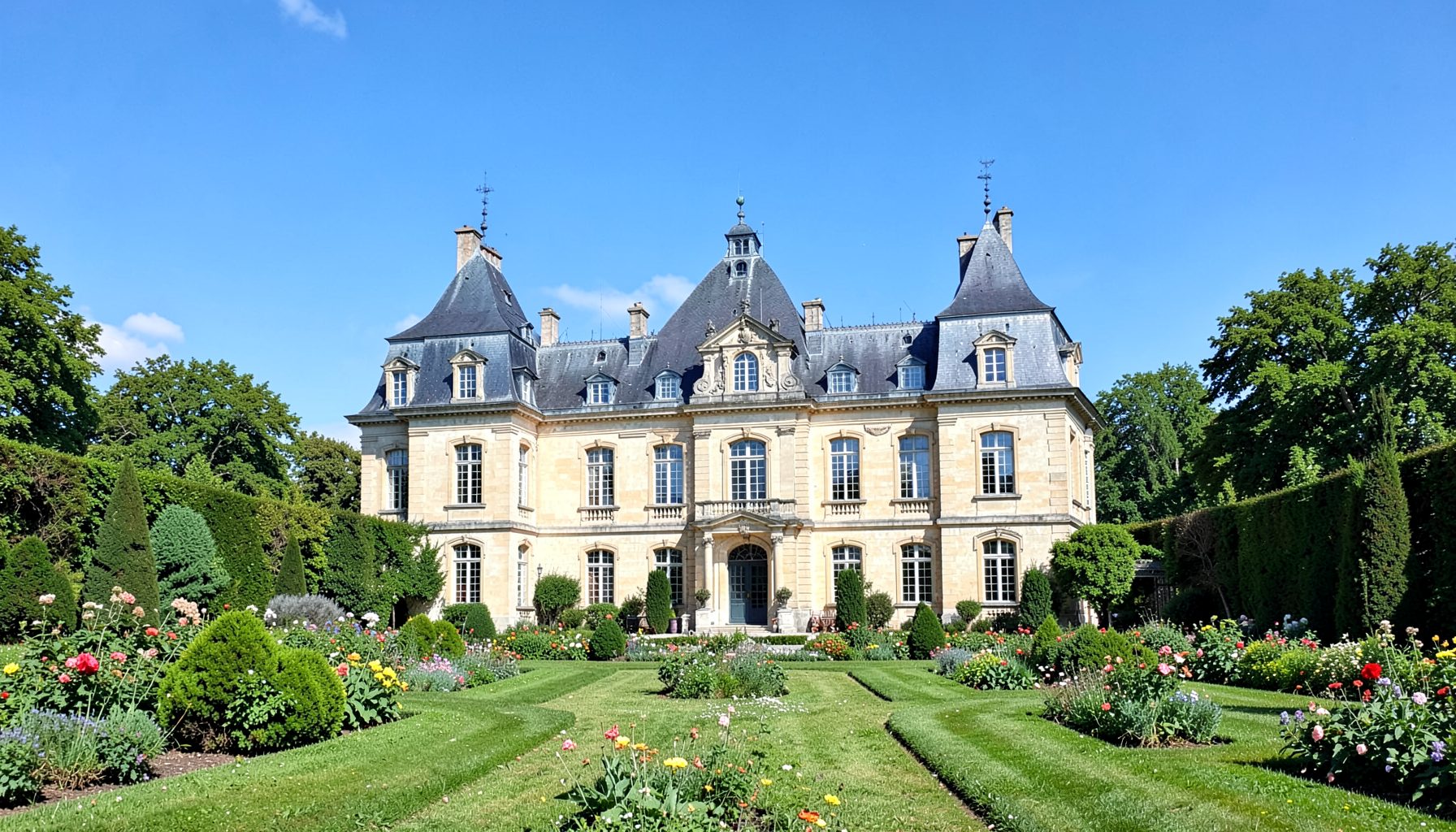 Historisches Schloss mit gepflegtem Garten und heller Steinfassade unter blauem Himmel