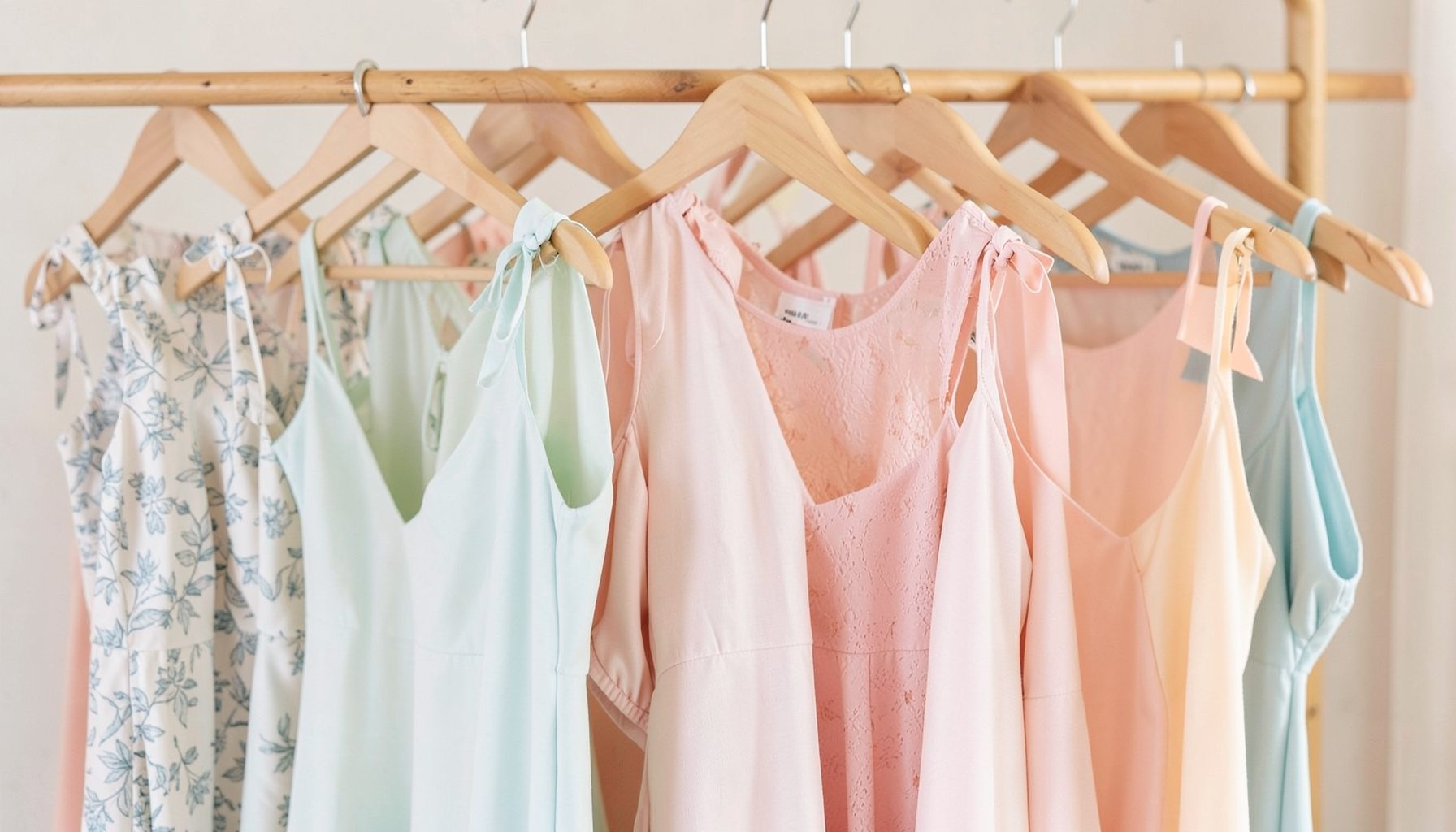 Pastellfarbene Kleider in Rosa, Mint und Creme hängen auf Holzbügeln in ruhigem, luftigem Licht