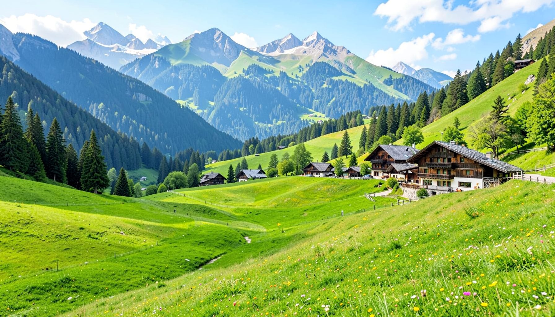 Grünes Bergtal mit Holzchalets, bewaldeten Hängen und schneebedeckten Gipfeln im Hintergrund