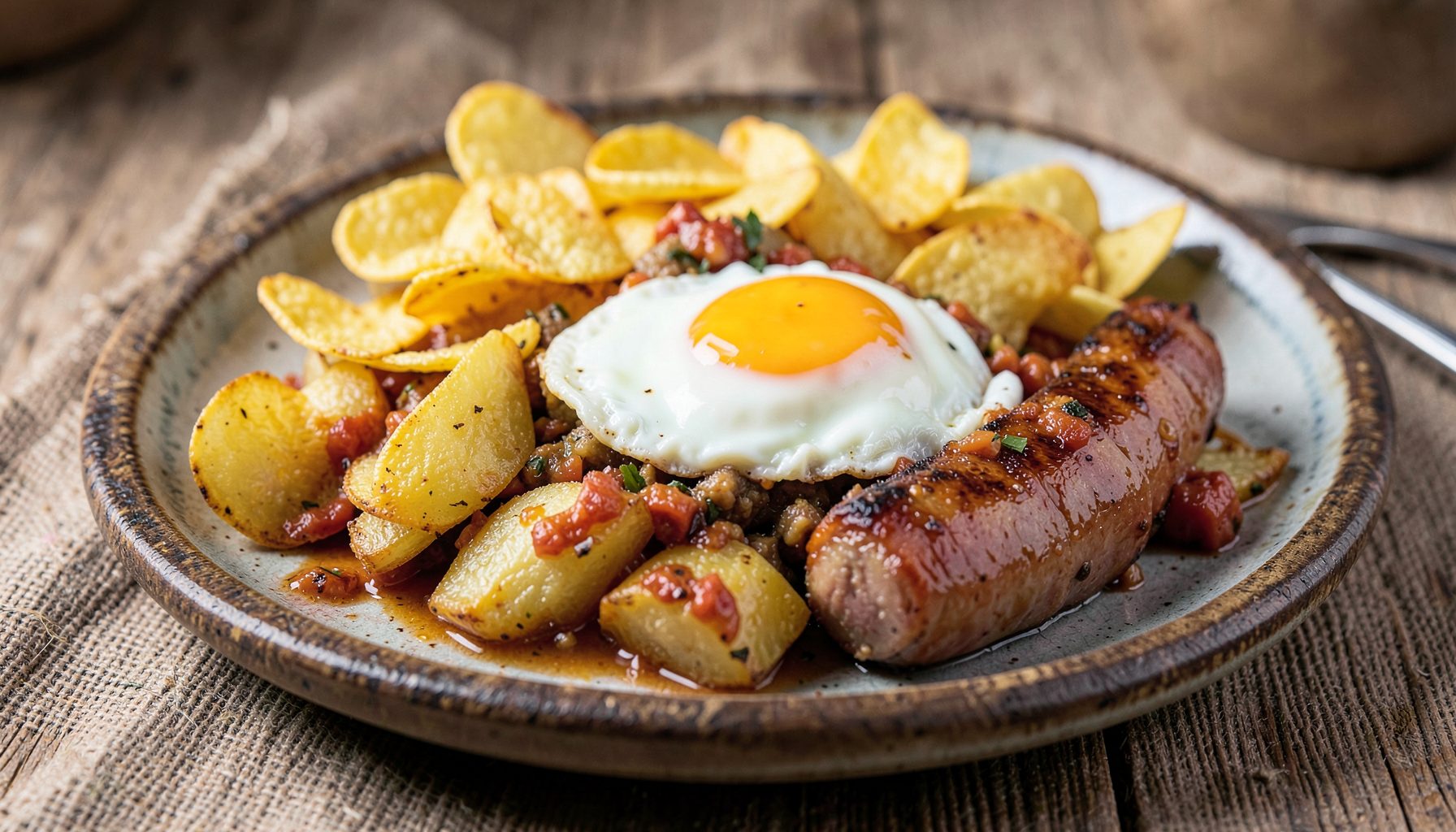 Plate of fried egg, sliced sausage, fried potatoes and chips with tomato relish on a rustic ceramic dish, warm browns and reds