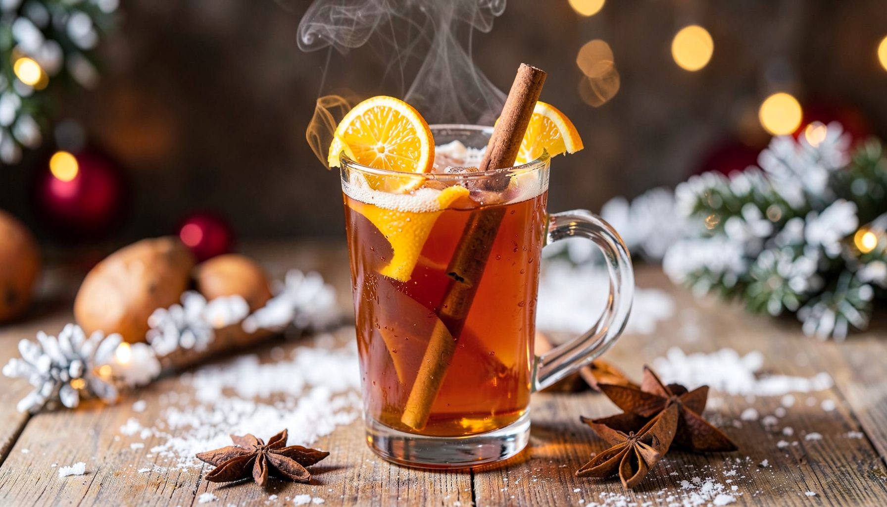 A steaming glass mug of amber tea garnished with orange slices and a cinnamon stick, surrounded by star anise and festive spices