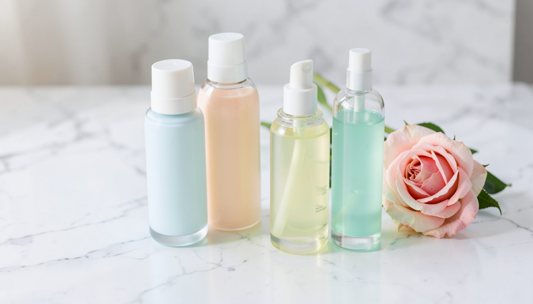 Mehrere Glasfläschchen mit pastellfarbenen Pflegeprodukten auf einer weißen Marmorfläche, daneben eine frische Rose, weiches Tageslicht