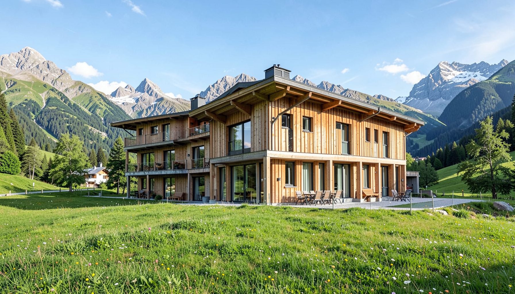Moderne alpine Lodge mit Holzfassade, umgeben von grünen Wiesen und Bergpanorama