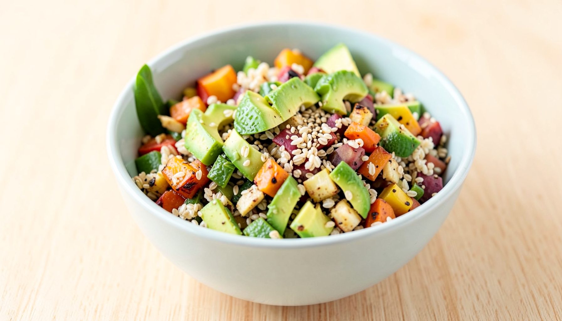 A white bowl filled with a grain salad topped with diced avocado, roasted vegetables, and sesame-like grains, on a light surface