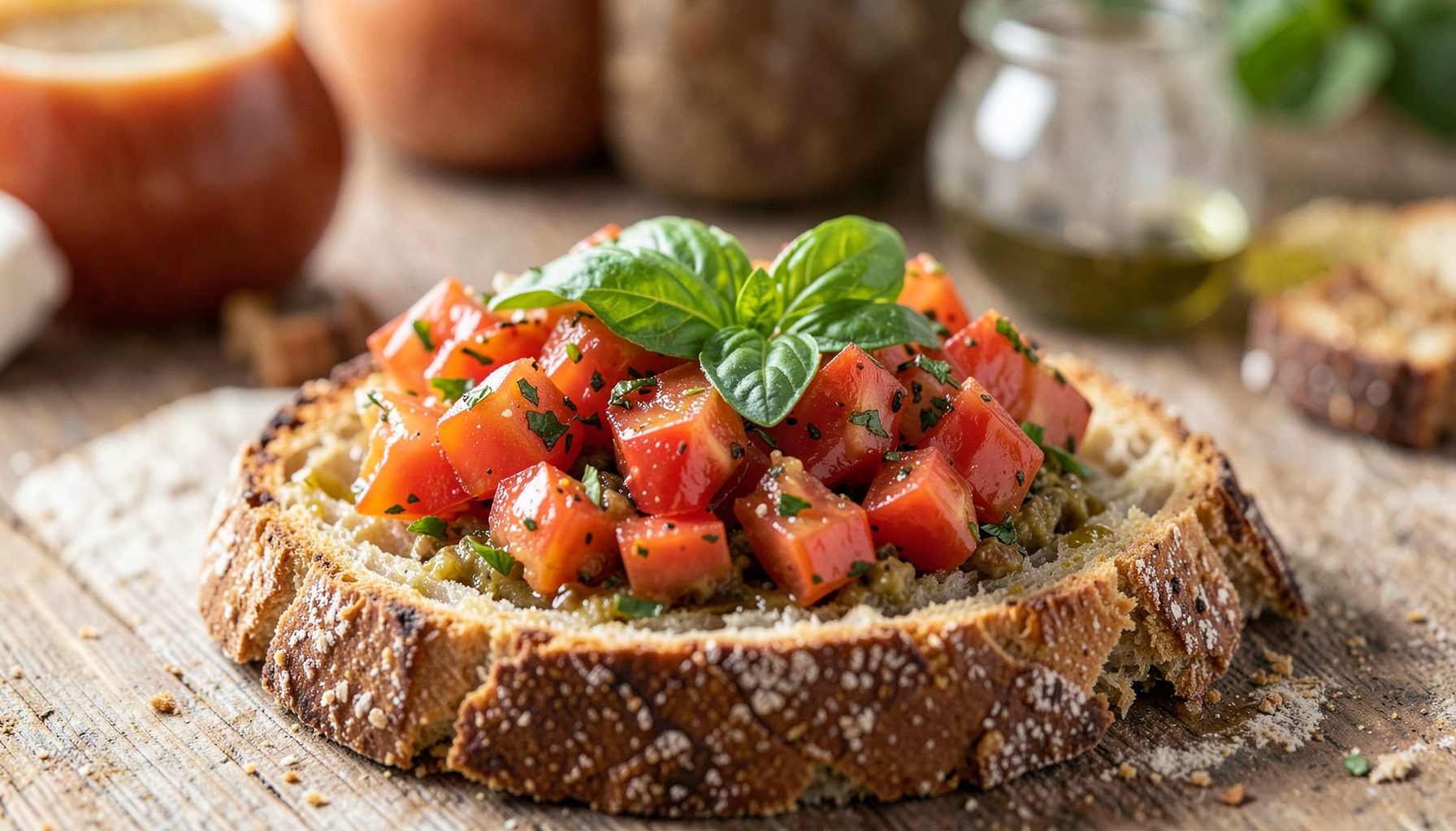 Toasted bread slice topped with diced tomatoes, herbs and fresh basil leaves, warm red and green colors, rustic appetizing mood