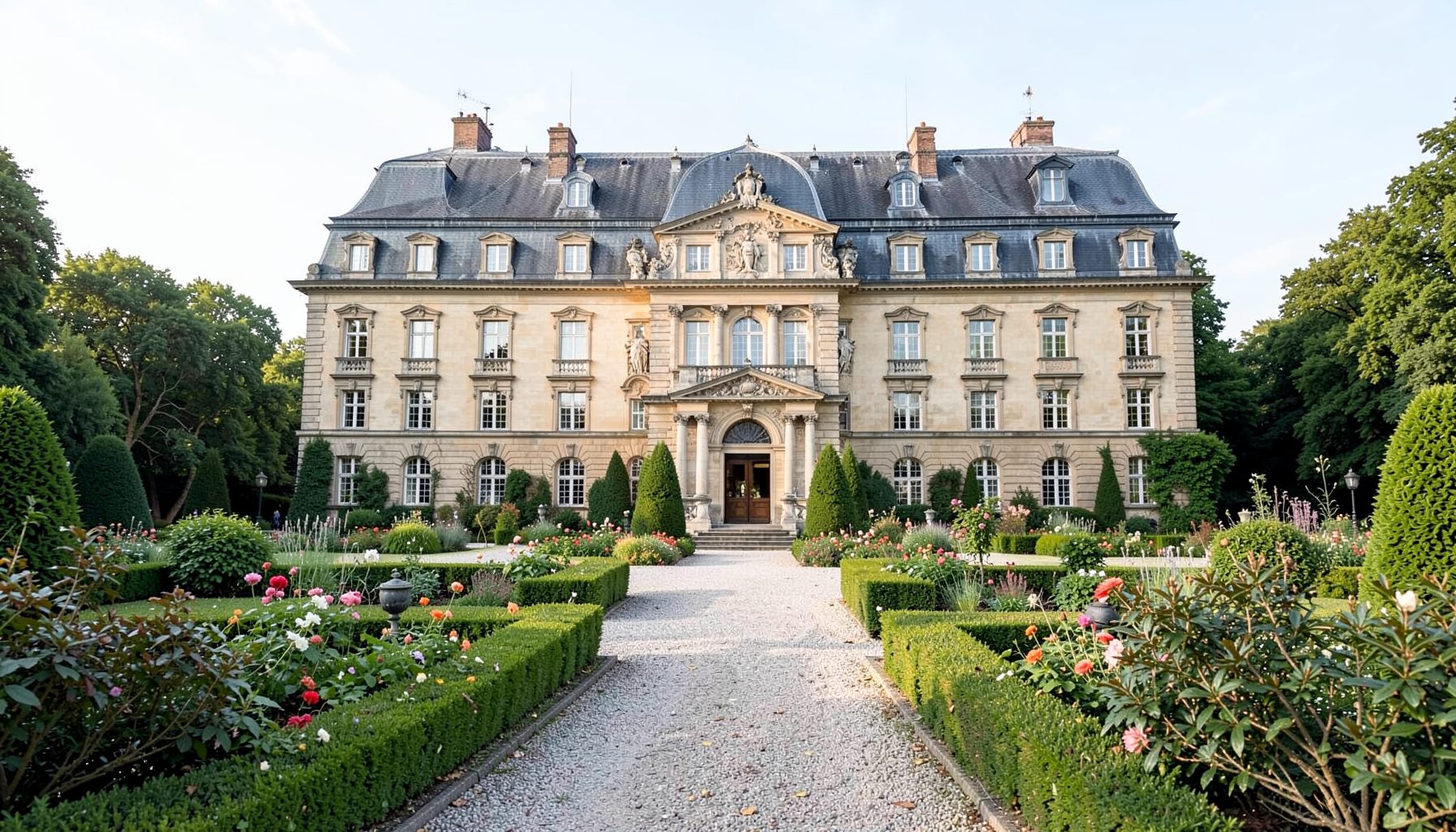 Große verzierte Steinvilla mit Schieferdach, Dachgauben und symmetrischem Ziergarten mit Hecken und Blumen
