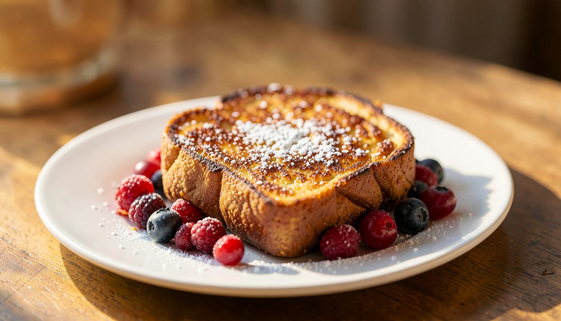 Ein Teller mit goldbraun getoastetem Brot bestäubt mit Puderzucker, umgeben von frischen Himbeeren, Blaubeeren und Preiselbeeren