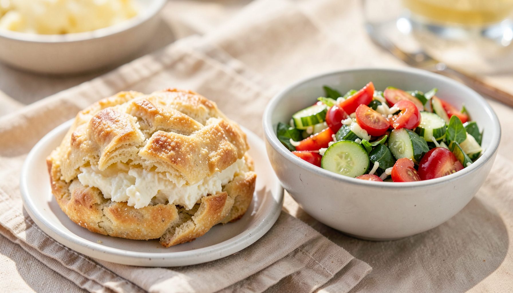 Plate with a split bread roll filled with cream next to a bowl of tomato and cucumber salad on a table