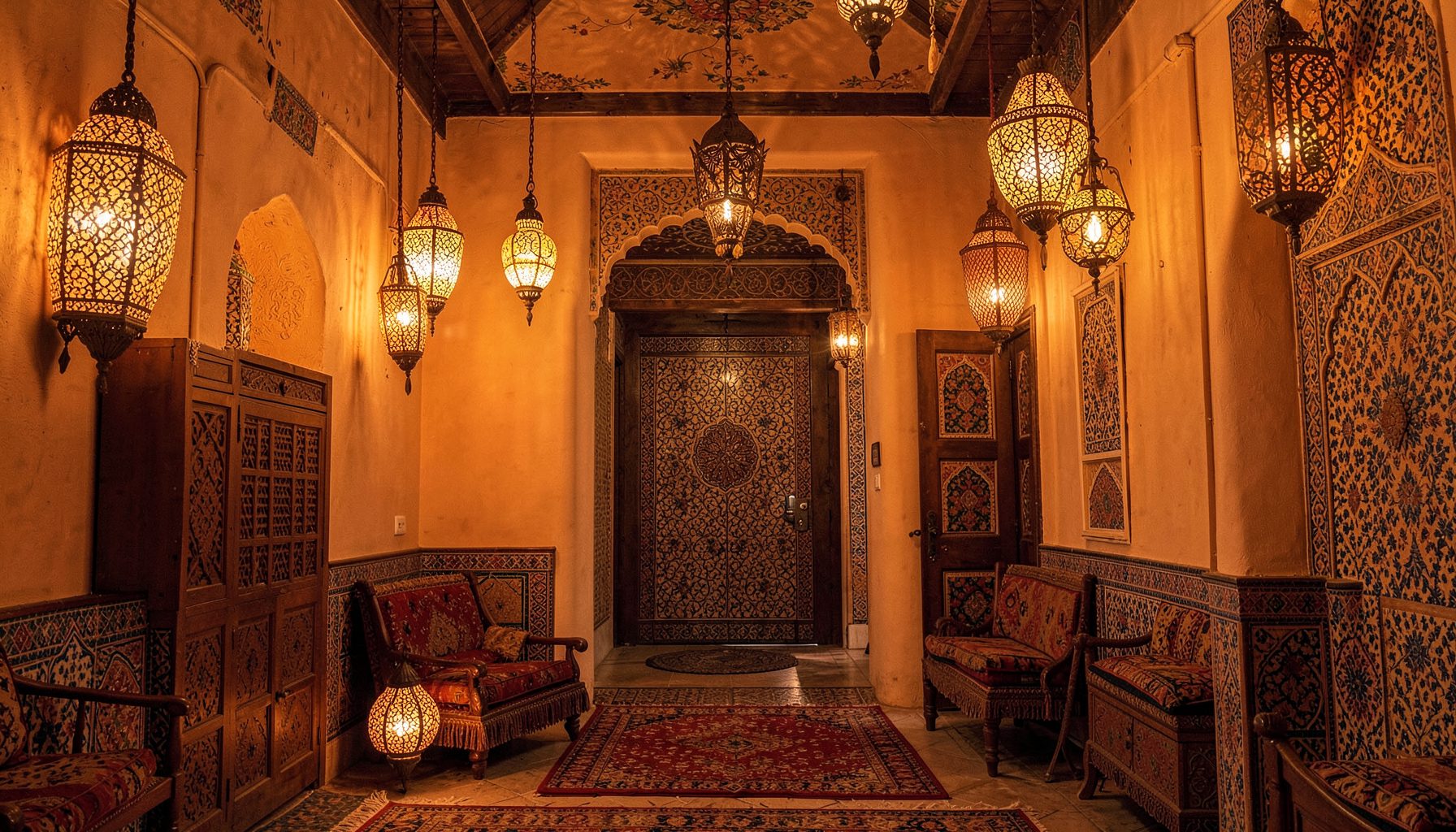 Warme erdfarbene Gassen mit orientalischen Laternen und traditionellen marokkanischen Details